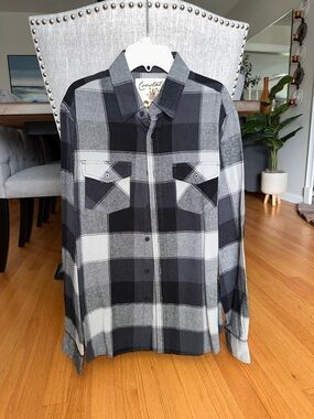 Men's Black & Gray Plaid Button-Up 100% Cotton Vintage Flannel Shirt